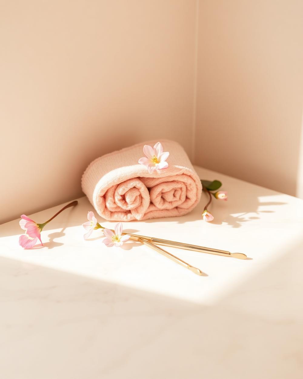 Marble beauty treatment surface with blush towels and gold tools