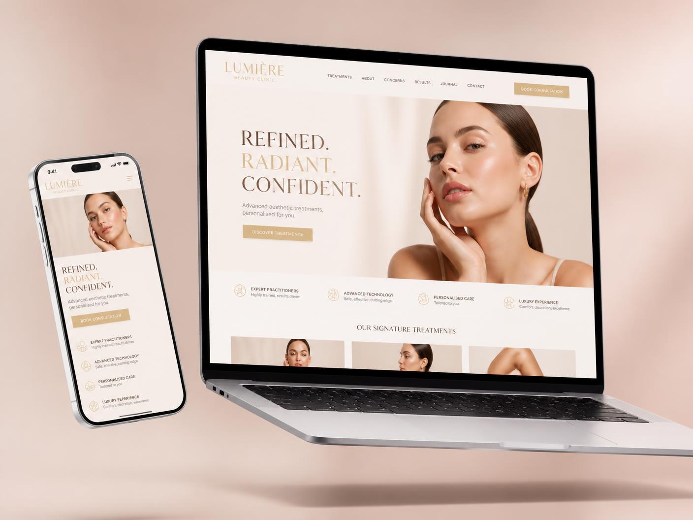 Luxury beauty clinic website shown on a laptop and mobile phone